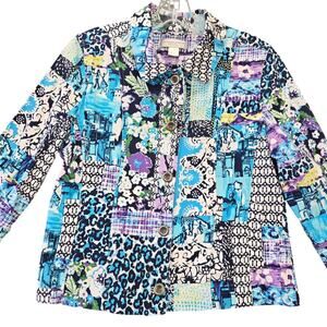 Christopher Banks Petite Blue Floral Jacket Classic Button Up 3/4 Sleeve Women M